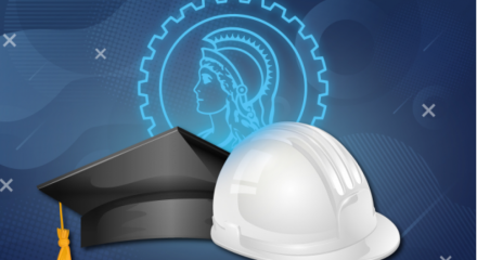 imagem com capacete de engenheiro, cappello de formatura e deusa minerva dentro de uma engrenagem, representando a engenharia
